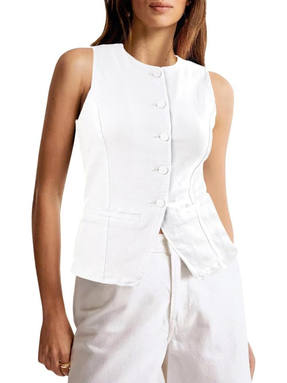 Women's White Sleeveless Fitted Casual Button Down Denim Vests Top Waistcoat